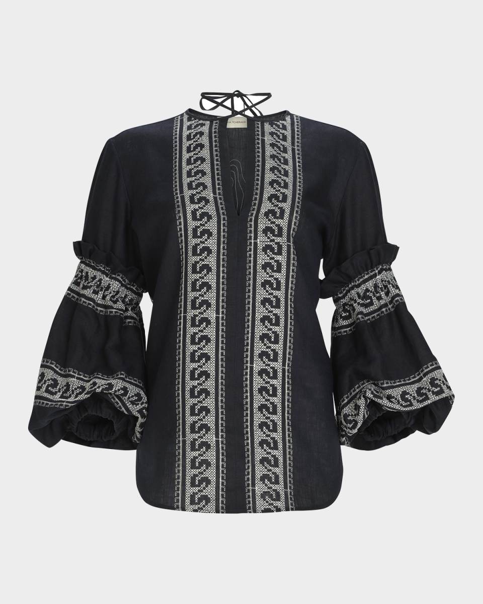 Lucaya Embroidered Balloon-Sleeve Blous